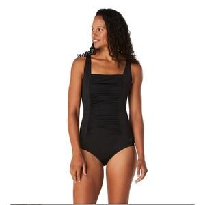 NWT Speedo Women's Adjustable Solid Shirred One Piece Black swimsuit sz S